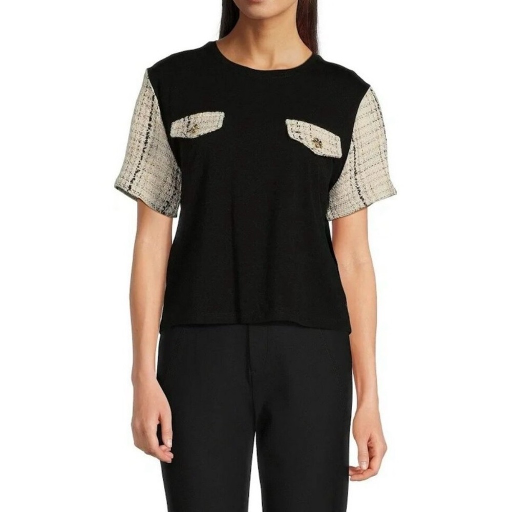 KARL LAGERFELD PARIS Knit Tweed Pocket Short Sleeve Top Size XL